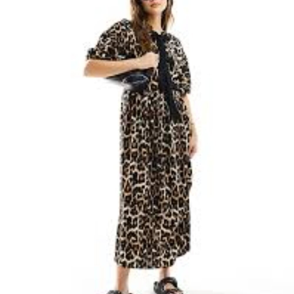 ASOS DESIGN puff sleeve tie front maxi dress in leopard print